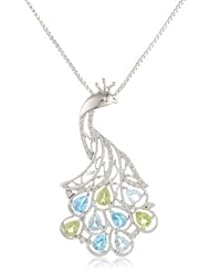 XPY Sterling Silver Licensed Swiss Blue and Light Blue Topaz, Peridot and Diamond Peacock Pendant Necklace (0.13 cttw, I-J Color, I3 Clarity), 18"