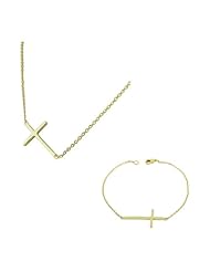 Sterling Silver Yellow Gold Womens Horizontal Religious Cross Chain Pendant Necklace Bracelet Set