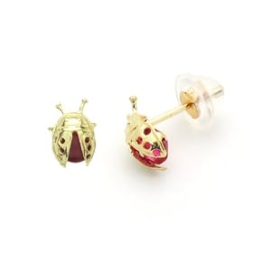 14K Gold Stud Earring Lady Bugs W/ Red CZ Stone Yellow Gold Earring For Kids & Teens