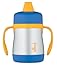 THERMOS FOOGO Vacuum Insulated Stainless Steel 7-Ounce Soft Spout Sippy Cup with Handles, Blue/Yellow