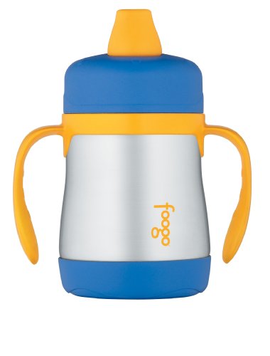 THERMOS FOOGO Vacuum Insulated Stainless Steel 7-Ounce Soft Spout Sippy Cup with Handles, Blue/Yellow