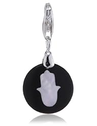 VINANI brand Germany 925 Sterling Silver Charm Pendant Fatima Hand Mother-of-Pearl Circle black enameled HFAS