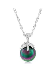 Alexander James White Gold Rhodium Bonded Pearl Pendant With a Pave Set Clear CZ Leaf Grasping a Tahitian Pearl in Silvertone Chain Included