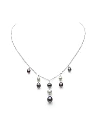14k White Gold Cable Link Necklace 16" Length with 5-9mm Various Size Black & White Freshwater Pearl secure with Lobster Claw Clasp