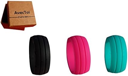 AvecToi Womens Silicone Wedding Ring Band - 3 Rings Pack - 8.5mm Wide (2mm Thick) - Black, Teal, Deep Pink (8)