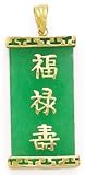 14k Gold & Green Jade "Good Luck, Wealth, Long Life" Pendant