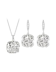 Cubic Zirconia and Sterling Silver Rhodium Plated Necklace with Pair Push Back Earrings Set