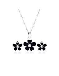 Nickel Free Sterling Silver Pendant & Earring Sets Black Flower CZ Set
