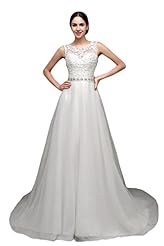 Sleeveless Tulle Beaded  Lace Jeweled Wedding Dress  with a Court Train  With Rhinestones