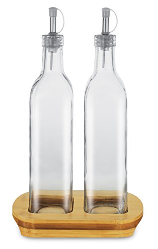 KOVOT Oil and Vinegar Dispenser Bottle Set with Bamboo Stand, Set of 2, 17 oz, Wood/Glass