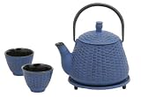 Blue Bamboo Basket Cast Iron Tea Set