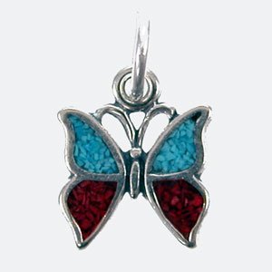 Tiny Butterfly Charm with Turquoise and Coral Chip Inlay in Sterling Silver, #11856
