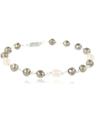 Sterling Silver Linked Pyrite Beads and White Baroque Freshwater Cultured Pearls Bracelet, 7.5"