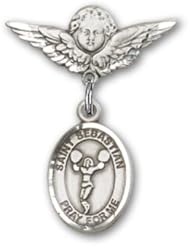 Sterling Silver Baby Badge with St. Sebastian/Cheerleading Charm and Angel with Wings Badge Pin