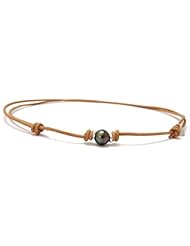 POEMANA perles de culture Ajustable Tan Leather Necklace With A Baroque Tahitian Pearl