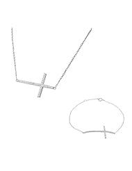 Sterling Silver Womens Horizontal Cross White Crystals CZ Pendant Necklace Link Chain Bracelet Set