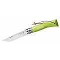 Opinel-Messer Nr. 7, rostfreier Sandvik-Stahl 12C27, gr�ner Buchenholzgriff, Lederriemen, Virobloc-System