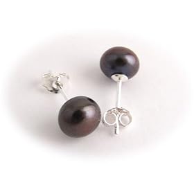 Sterling Silver 7-8mm Black Freshwater Cultured Pearl Button Stud Earrings e242