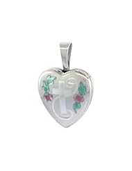 Sterling Silver Tiny Heart Locket Necklace Engraved Cross 1/2 inch