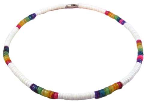 Native Treasure Puka Shell Necklace Smooth White Puca Shell and Rainbow Color Shells - 5mm (3/16") - 18" Inch