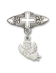 Sterling Silver Baby Badge with Guardian Angel Charm and Badge Pin with Cross