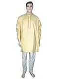 Mens Bollywood Yoga Cream Yellow Handloom Cotton Indian Kurta Pajama 38 Inch