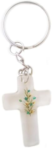 Beautiful Gifts Cross Key Chain Handcrafted Craftsmanship From Thai with Real Flowers and Leaves (Green Color)