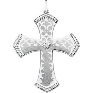 Sterling Silver Laser Engraved Diamond Cross Pendant