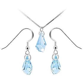 BDST001 .925 Sterling Silver Aqua Crystals Earrings Pendant 1mm Box Chain Necklace Set MADE WITH SWAROVSKI ELEMENTS 14" 16" 18" 20" 22" 24" Long: Jewelry