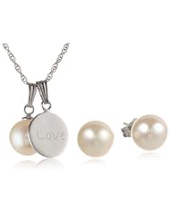 Sterling Silver White Freshwater Cultured Pearl Inscribed Medallion Necklace and Studs Jewelry Set