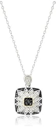Sterling Silver and 14k Gold Black or Blue Diamond Square Art Deco Pendant Necklace, 18"