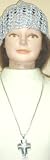 Genuine Silver Plated Long Chain Charm Necklace with Cross Pendant Offered in Combination with Hand Crocheted Silver Gimp Skull Cap for Women and Teens