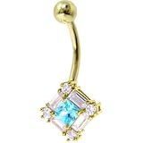 Solid 14KT Yellow Gold CZ Gem AQUA SURROUND Belly Ring