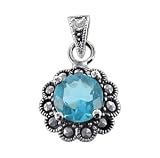 Sterling Silver Marcasite Floral Aquamarine CZ Flower Pendant Charm