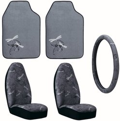 Silver Dragonflies 5pc. Auto Accessory Interior Package - Front Floor Mats, Seat Covers & Steering Wheel Cover