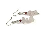 Rose Quartz Gemstone Chip Dangle Earrings, Accented with a Red Olive Wood Bead