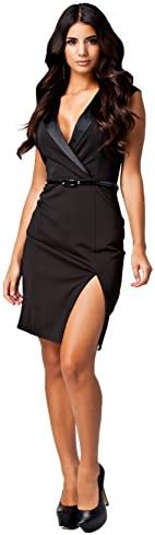 Sexydress Womens black suit collar juniors club dresses Sleeveless Dress with Belt