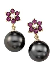 Jewelplus Tahitian Cultured Pearl & Rhodolite Garnet Earrings 14K Yellow Pair 1/8Cttw/11.00Mm Rd/Near Round