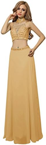 EllenBridal Women's Halter Two Pieces Chiffon Party Dress US 14 Gold