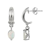 Sterling Silver Post 1/2 Hoop w/ Oval Created-Opal Drop Earrings