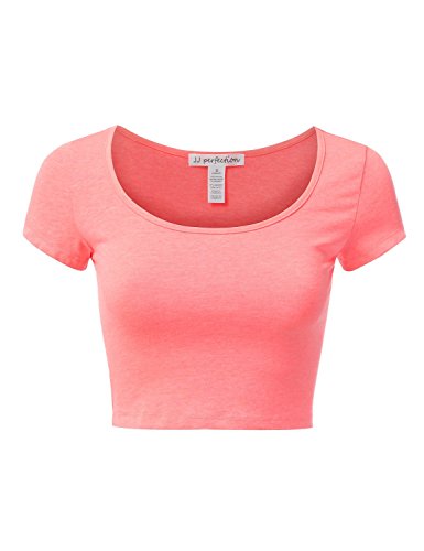 JJ Perfection Women's Solid Basic Short Sleeve Stretch Scoop Neck Crop Top
