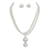 Double White Faux Pearl Strand With Dangle Pendant Necklace and Earring Set