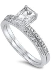 925 Sterling Silver Simulated Diamond Rectangular Center Set of 2 Ring 7MM