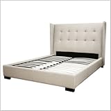 Queen Size Platform Bed Button Tufted Wing Headboard in Beige Fabric