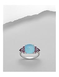 Rhodium plated ring set with chalcedony and rhodolite In 92.5 Sterling Silver Ring