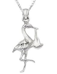 Solid 0.925 Sterling Silver Stork Charm Pendant Necklace