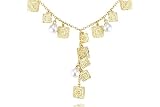 14K Yellow Gold Matte-Finish Hand-Crafted Y-Shaped Necklace, Designed with Dangling Fresh Water Pearls and Textured Square-Shaped Gold Stations.