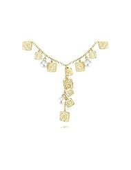 14K Yellow Gold Matte-Finish Hand-Crafted Y-Shaped Necklace, Designed with Dangling Fresh Water Pearls and Textured Square-Shaped Gold Stations.