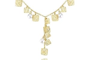 14K Yellow Gold Matte-Finish Hand-Crafted Y-Shaped Necklace, Designed with Dangling Fresh Water Pearls and Textured Square-Shaped Gold Stations.