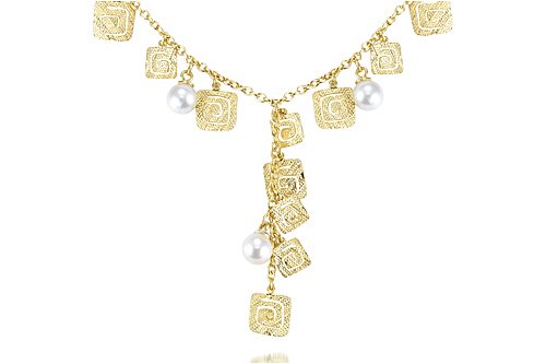 14K Yellow Gold Matte-Finish Hand-Crafted Y-Shaped Necklace, Designed with Dangling Fresh Water Pearls and Textured Square-Shaped Gold Stations.